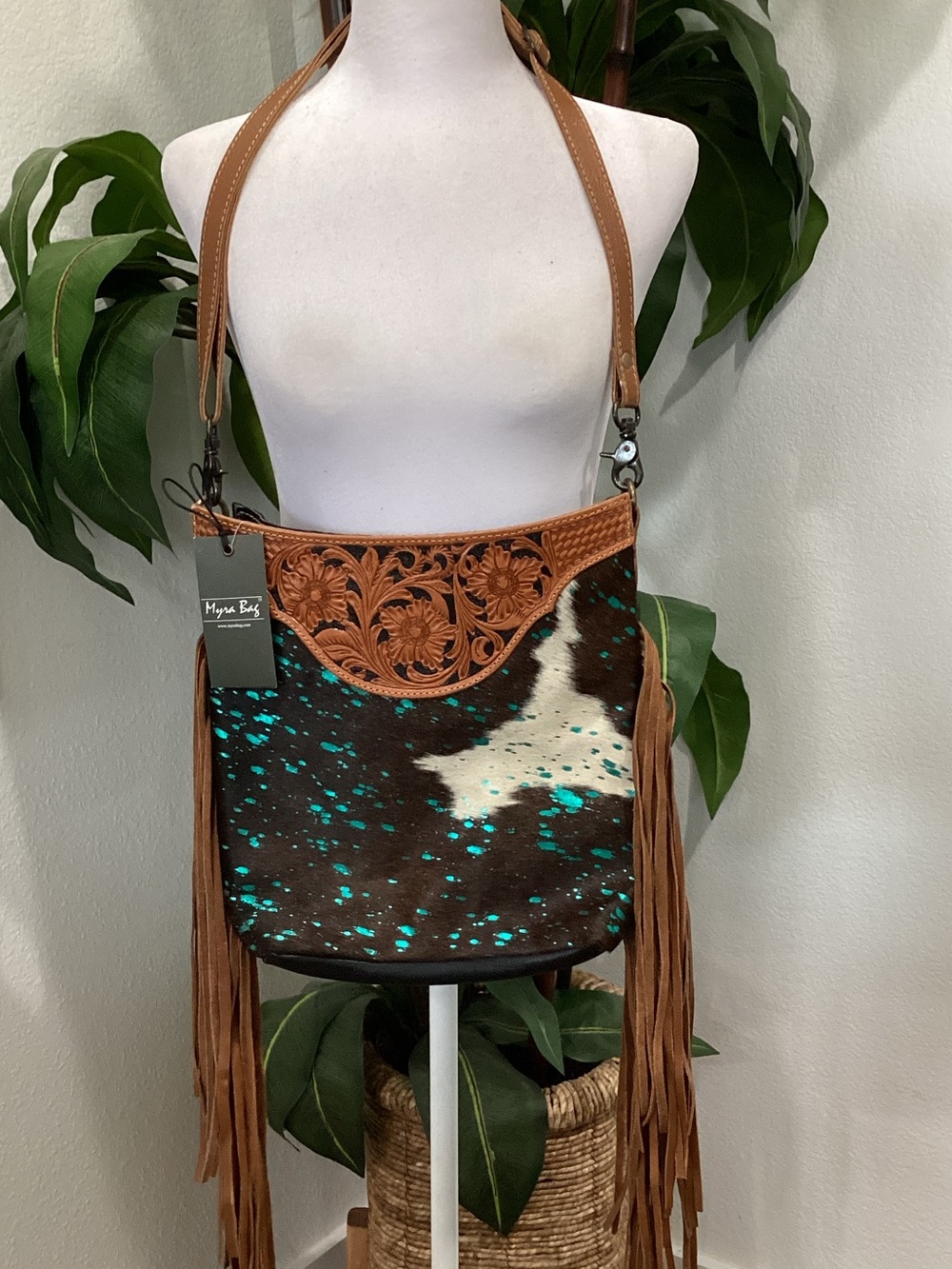 Myra Bag Brown Leather & Turquoise-Speckled Cowhide Fringe Crossbody
